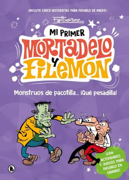 Purple Mortadelo y Filemón book cover with cartoon characters