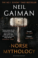 Book cover of "Norse Mythology" by Neil Gaiman, featuring a decorative hammer on a starry background.