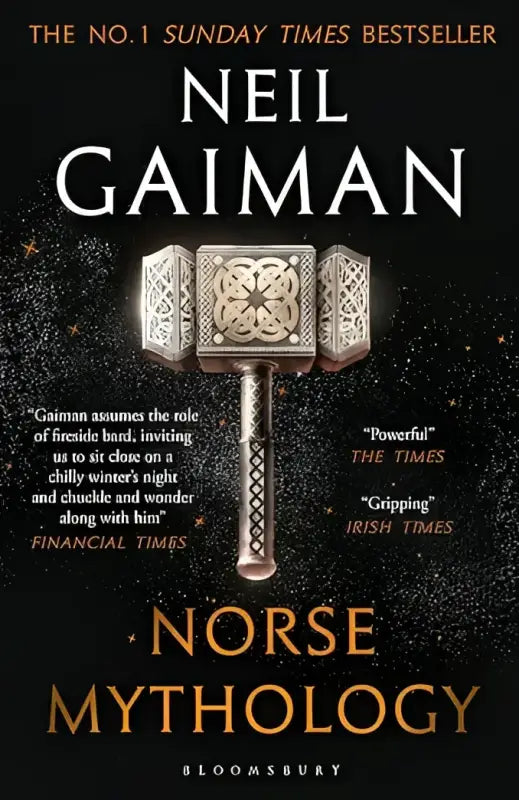 Book cover of "Norse Mythology" by Neil Gaiman, featuring a decorative hammer on a starry background.