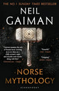 Book cover of "Norse Mythology" by Neil Gaiman, featuring a decorative hammer on a starry background.