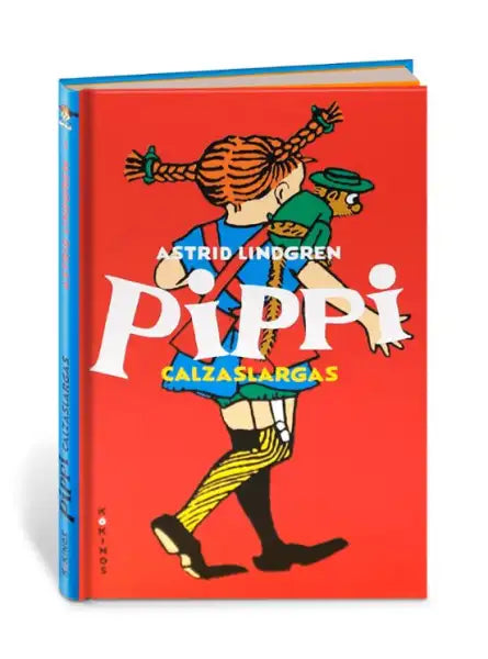 Pippi Longstocking book cover with cartoon girl in yellow pants and green shirt