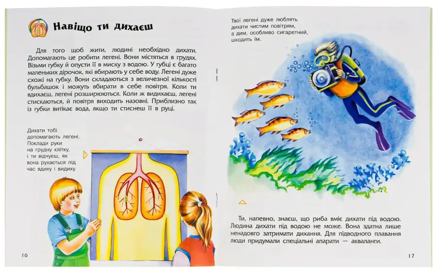 Children’s book pages about breathing in Preschooler’s Encyclopedia: The Human Body, an English book