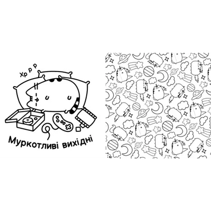 Black and white cartoon drawings from Pusheen Coloring Book Ukrainian Edition activity book