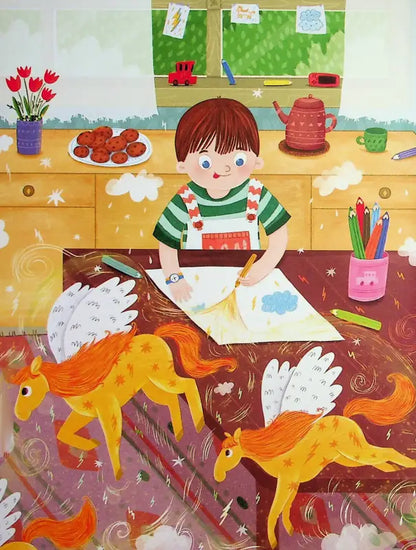 Child drawing winged horses in a beautifully illustrated children’s book Reading About Ukraine