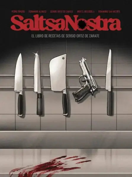 Saltsa Nostra silver handgun with black grip among kitchen knives on Santos Juanes tiled wall
