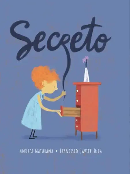 Red wooden dresser with white knobs and purple flowers vase on top in Secret childrens picture book by Andrea Maturana