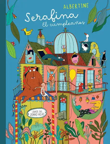 Whimsical Serafina El Cumpleaños book cover with colorful house, animals, plants