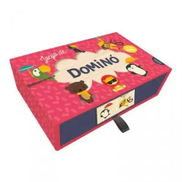 Small domino set box in pink and navy with cartoon penguins