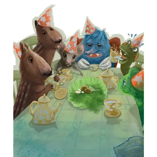 Diverse anthropomorphic creatures in party hats enjoying a tea party in Summer Tales hardcover edition