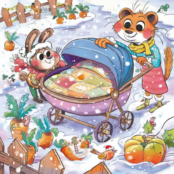 Pink and blue baby carriage with colorful patchwork blanket from The Best Christmas Muriel Zürcher picture book
