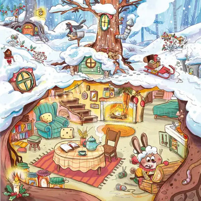 Charming winter wonderland dwelling with treehouses for cozy forest creatures in the best christmas Muriel Zürcher picture book