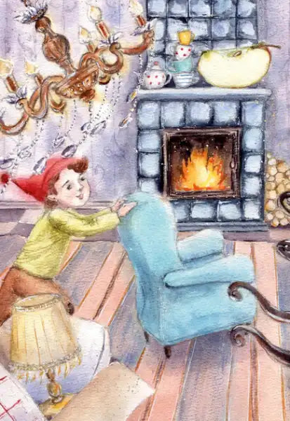 Boy with red hat pushing blue armchair in The Big Book of Little Tales Astrid Lindgren Ukrainian Hardcover