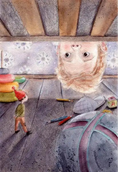 Curious child exploring under bed with tiny gnome and toys in The Big Book of Little Tales by Astrid Lindgren Ukrainian hardcover