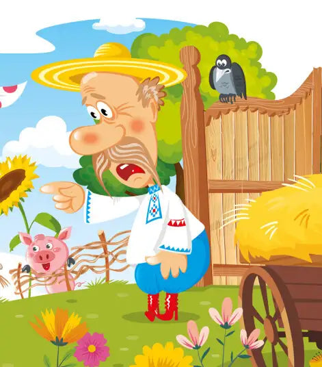 Cartoon farmer scolding pig from The Bully Goat Ukrainian folk tale illustration