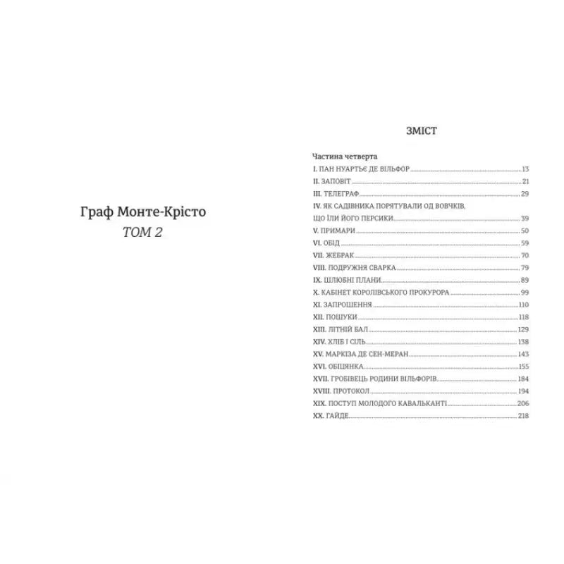 Table of contents for The Count of Monte Cristo Ukrainian Adventure Classic, a historical fiction epic among Ukrainian readers