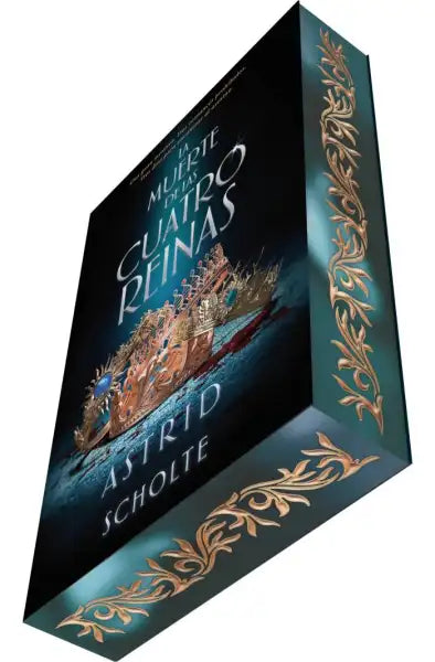Ornate blue gold book cover of The Death of the Four Queens with ship