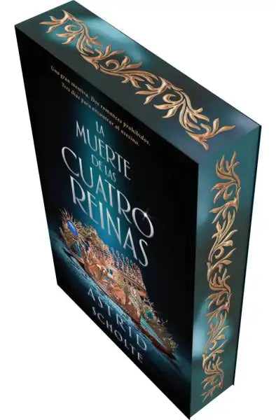 Teal and gold ornate book cover of The Death of the Four Queens with castle illustration
