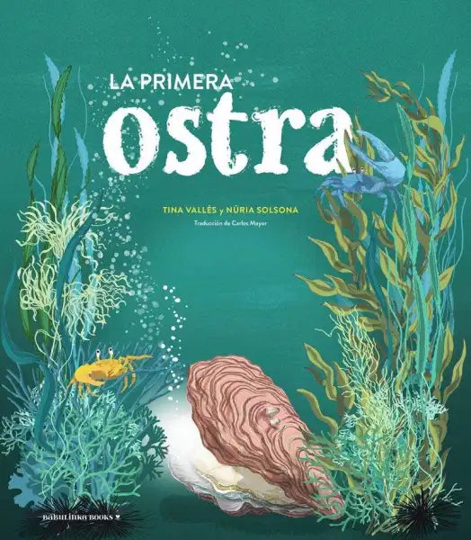 Green oyster shell with intricate patterns on seaweed, Tina Vallès tiny grain for young readers