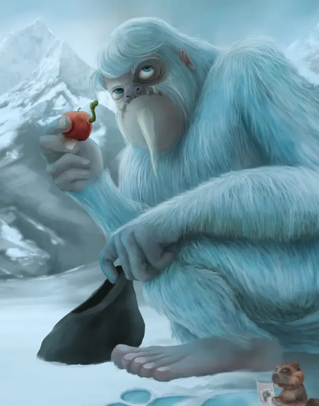Furry, blue-tinged yeti holding an apple.