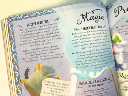 Open book with magical content from the Harry Potter Wizarding Almanac featuring wizarding spells