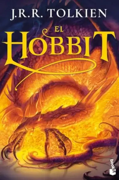 The Hobbit book cover with fiery dragon scales and glowing eyes