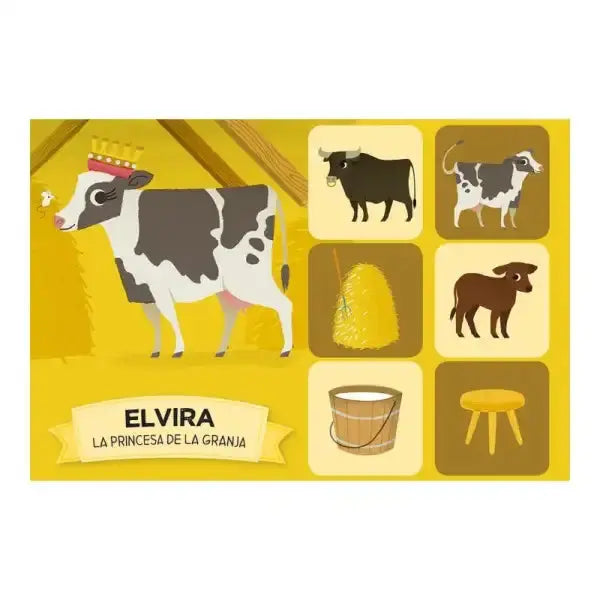 Cartoon cow as los reyes in matching game book The Kings of the Farm Lotto