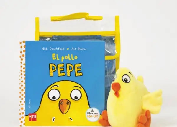 Yellow rubber Pollo Pepe chick toy in pop-up book set