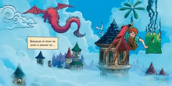 Red dragon soaring over whimsical castle town in Boring Book by Brandon Sanderson and Kazu Kibuishi