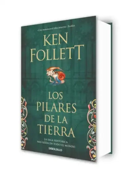 Ken Follett’s The Pillars of the Earth book cover with green background, red and gold designs, 12th-century England master builders theme