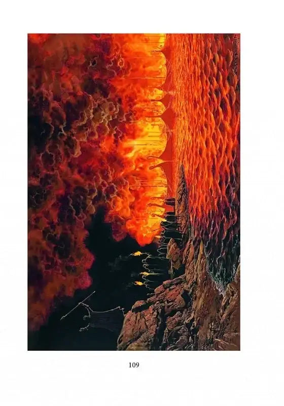 Fiery otherworldly landscape from The Silmarillion Ukrainian edition by Ted Nasmith books