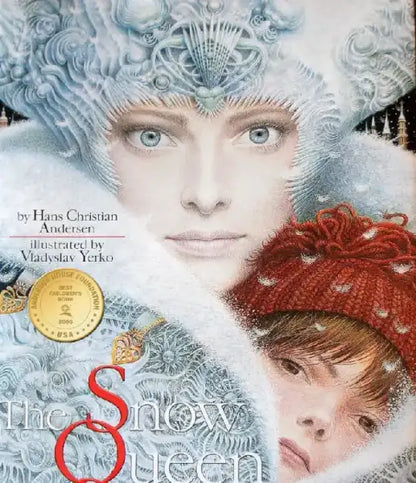 Storybook cover of The Snow Queen by Hans Christian Andersen with woman in fur hood and child in red hat