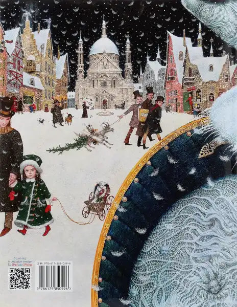 Whimsical snowy street scene inspired by The Snow Queen by Hans Christian Andersen