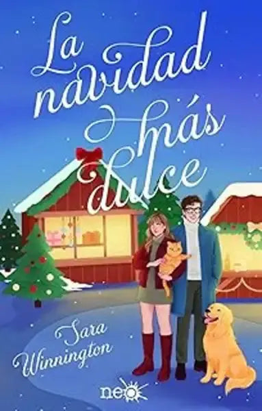 Winter book cover: couple, pets by festive houses in Sara Winnington Navidad Más Dulce