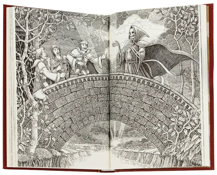 Open book with a black and white illustration.