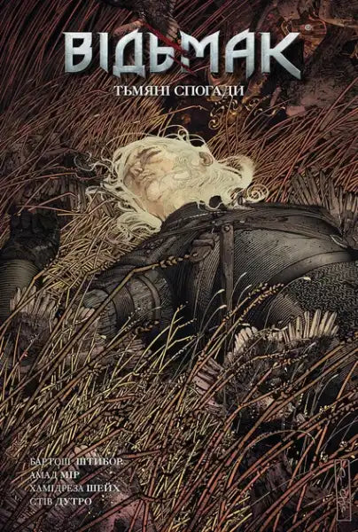 Graphic novel cover for The Witcher Dim Memories featuring white-haired figure in tall grass