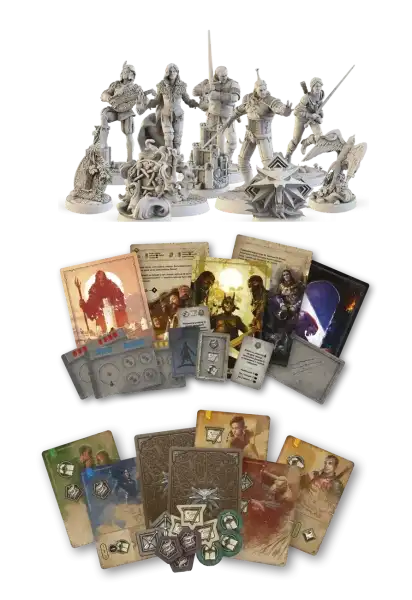 Gray resin figures, cards, dice, tokens in The Witcher: Path of Destiny – Deluxe Edition tableau-building card game