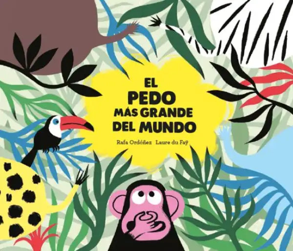 Pink monkey plush toy with toucan and jungle leaves, The Worlds Loudest Fart