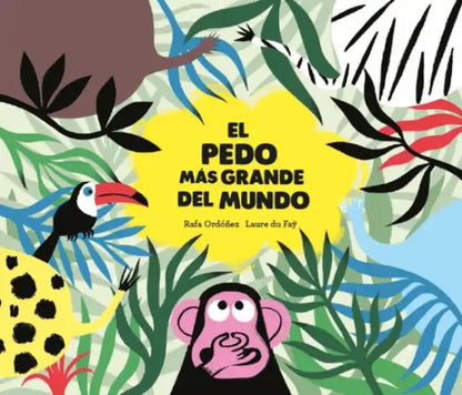 Pink monkey plush toy with toucan and jungle leaves, The Worlds Loudest Fart