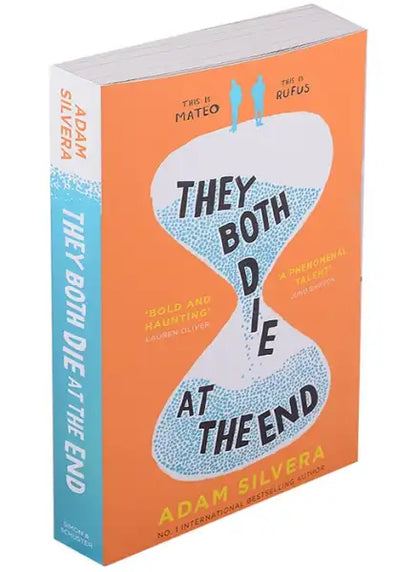 Adam Silvera’s They Both Die at the End English book cover with orange sand timer and blue hourglass