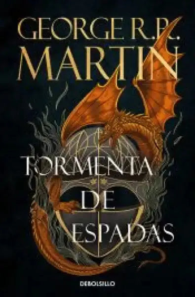 Spanish edition of A Storm of Swords epic fantasy book cover with dragon scales and fiery eyes