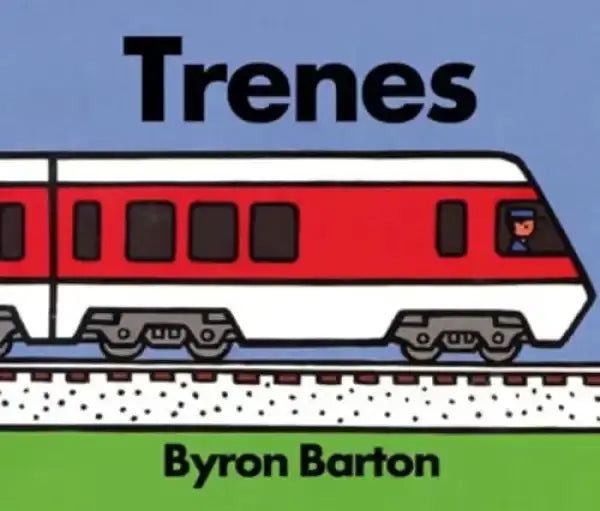 Red and white illustrated train by Byron Barton in picture book Trains