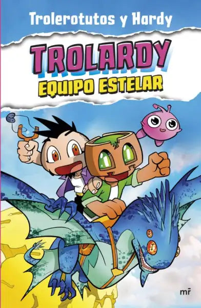 Green cartoon helmet rider on blue dragon in Trolardy 5: Equipo Estelar by Ediciones Martínez Roca