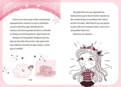 Pink page from Ana Punset Unicornia 1 special edition with cat-eared girl and unicorn