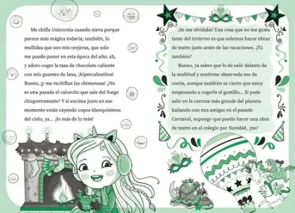 Green and white striped hot air balloon with stars from Ana Punset Snow Action book for young readers