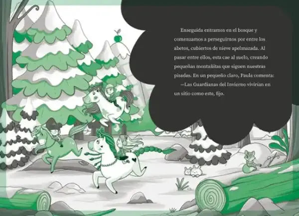 Winter forest scene from Unicornia 14: Lights, Snow… Action! by Ana Punset for young readers