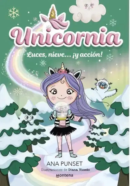 Unicornia 14 book cover by Ana Punset: girl with unicorn ears holds snow globe