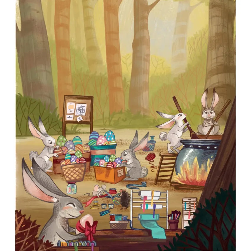 Illustration of playful rabbits in a forest preparing colorful Easter eggs and crafts, surrounded by trees.