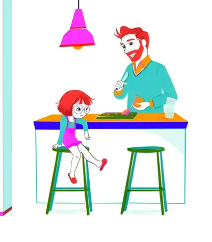 Cartoon father and daughter in kitchen.
