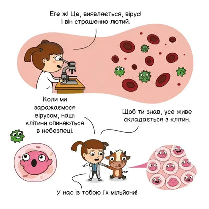 Cartoon illustration of viruses and cells from Carlos Pazo’s children’s book on complex scientific concepts