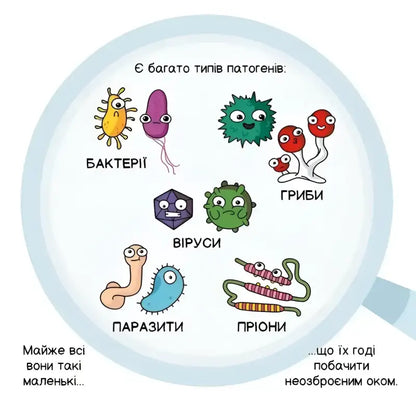 Cartoon pathogens under a magnifying glass from Carlos Pazos children’s book on complex scientific concepts